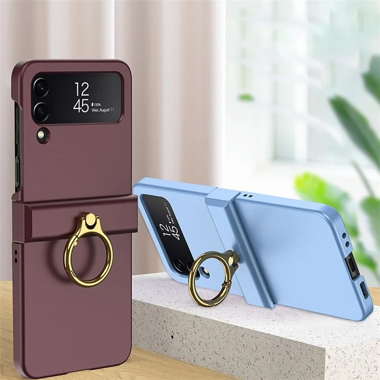 GKK para Samsung Galaxy Z Flip4 5G Hinge Protection Phone Case Hard PC Metal Ring Holder Kickstand Non-Slip Shockproof Cover - Preto