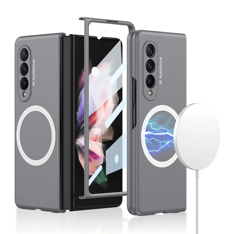 GKK Shockproof Case for Samsung Galaxy Z Fold4 5G Anti-Fingerprint Phone Protector Hard PC Slim Case Compatible with MagSafe Charging (Included Tempered Glass Front Film) - Grey