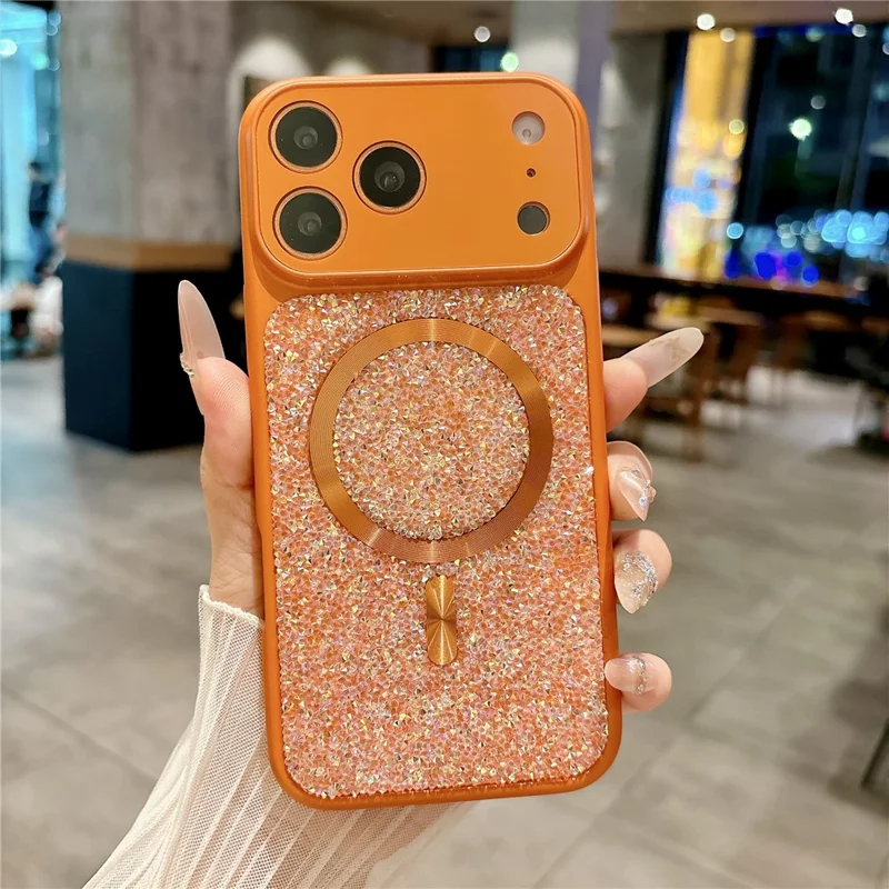 For iPhone 17 Pro Magnetic Case Rhinestone Design TPU PC Protective Phone Cover with Tempered Glass Compatible with MagSafe - Orange