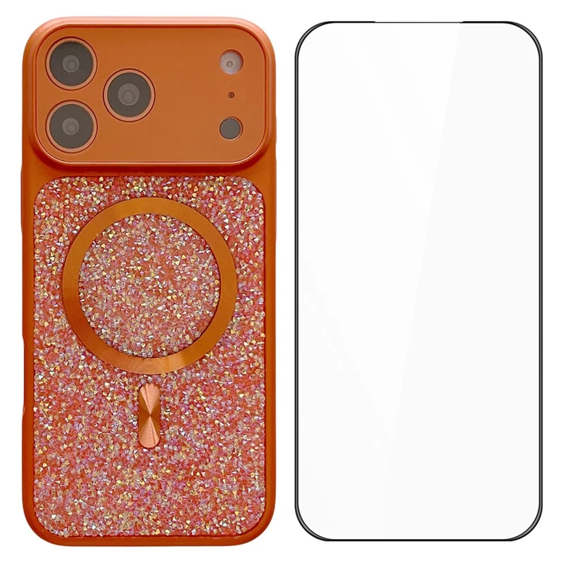 For iPhone 17 Pro Max Magnetic Case Rhinestone Design TPU PC Protective Phone Cover with Tempered Glass Compatible with MagSafe - Orange