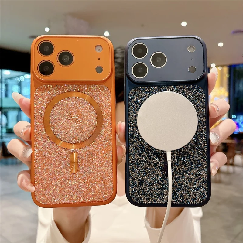 For iPhone 17 Pro Max Magnetic Case Rhinestone Design TPU PC Protective Phone Cover with Tempered Glass Compatible with MagSafe - Orange