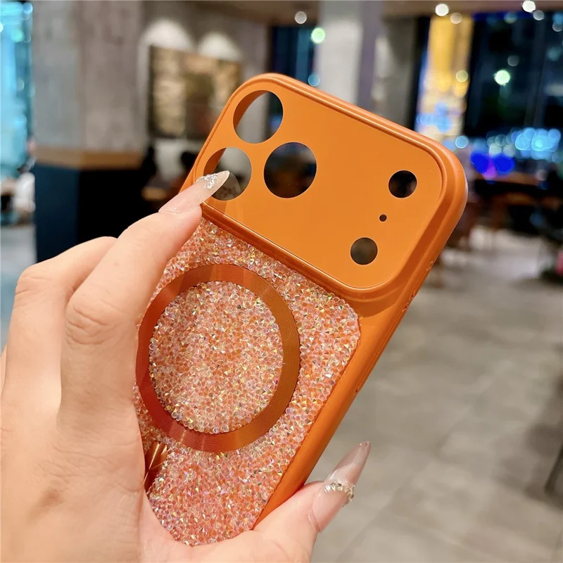For iPhone 17 Pro Max Magnetic Case Rhinestone Design TPU PC Protective Phone Cover with Tempered Glass Compatible with MagSafe - Orange