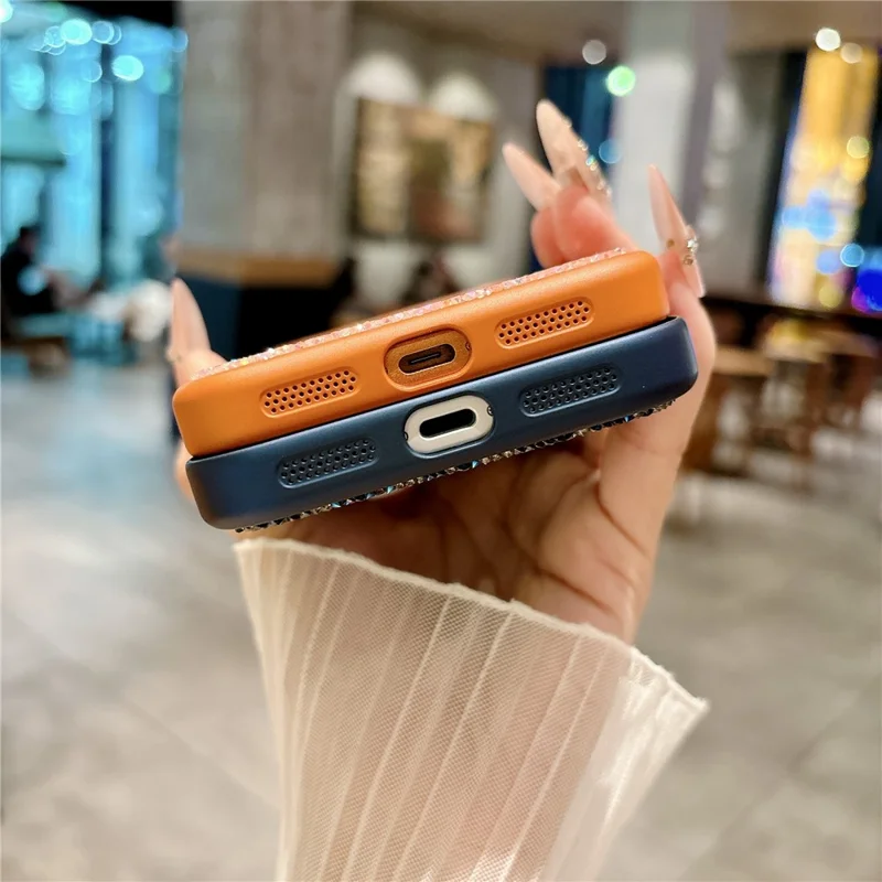 For iPhone 17 Pro Max Magnetic Case Rhinestone Design TPU PC Protective Phone Cover with Tempered Glass Compatible with MagSafe - Orange