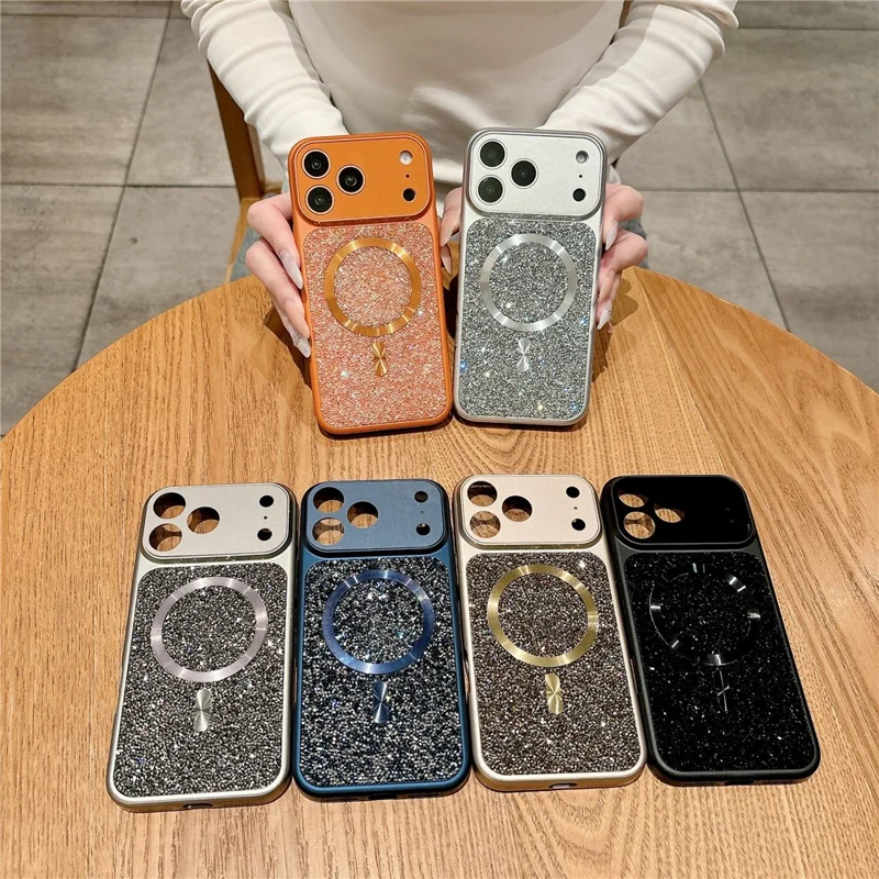 For iPhone 17 Pro Max Magnetic Case Rhinestone Design TPU PC Protective Phone Cover with Tempered Glass Compatible with MagSafe - Orange