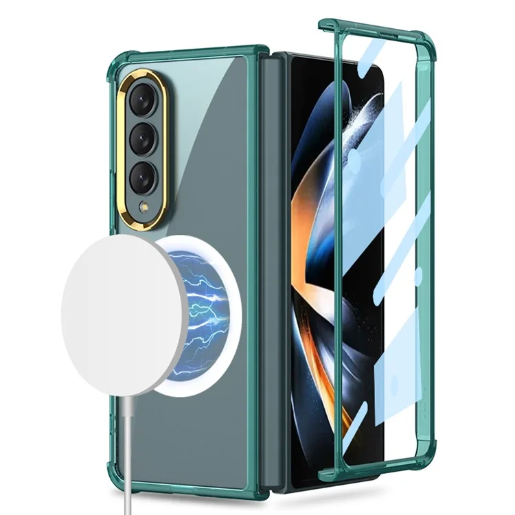 GKK compatibile con custodia per telefono MagSafe per Samsung Galaxy Z Fold4 5G a prova di urti, cover in TPU morbido Anti-Drop, Slim Phone Case con pellicola in vetro temperato - Verde trasparente