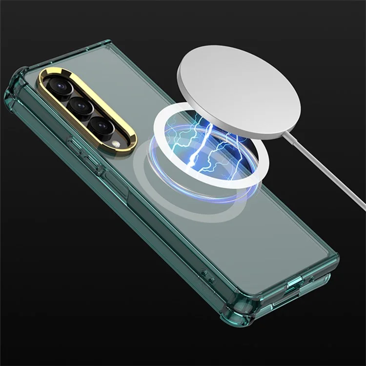 GKK compatibile con custodia per telefono MagSafe per Samsung Galaxy Z Fold4 5G a prova di urti, cover in TPU morbido Anti-Drop, Slim Phone Case con pellicola in vetro temperato - Verde trasparente