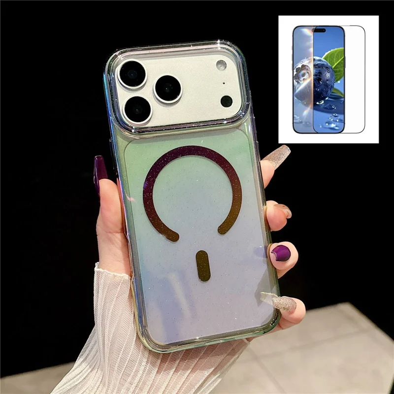 For iPhone 17 Pro Max Magnetic Case Dazzling PC Shockproof Phone Cover with Tempered Glass Compatible with MagSafe - Transparent Black