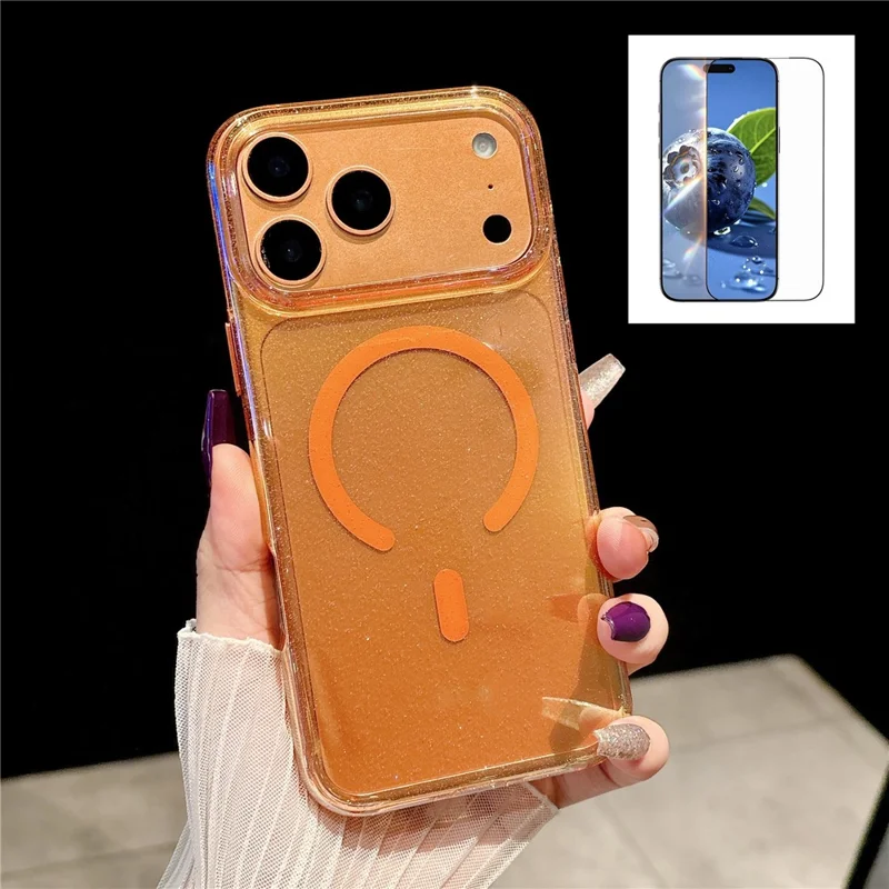 For iPhone 17 Pro Magnetic Case Dazzling PC Shockproof Phone Cover with Tempered Glass Compatible with MagSafe - Transparent Orange