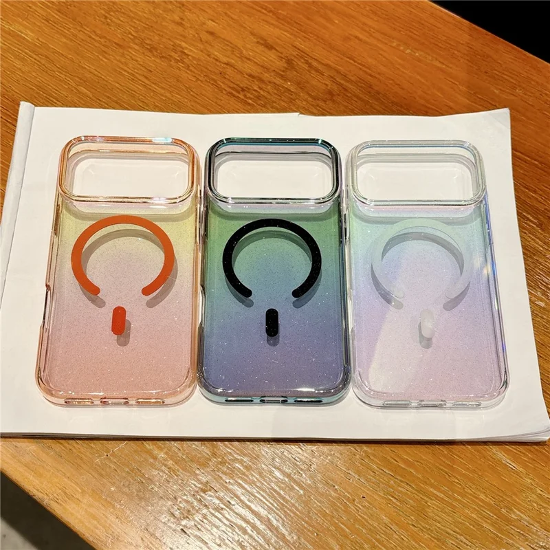 For iPhone 17 Pro Magnetic Case Dazzling PC Shockproof Phone Cover with Tempered Glass Compatible with MagSafe - Transparent Orange