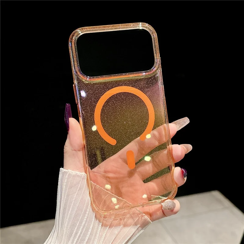 For iPhone 17 Pro Magnetic Case Dazzling PC Shockproof Phone Cover with Tempered Glass Compatible with MagSafe - Transparent Orange