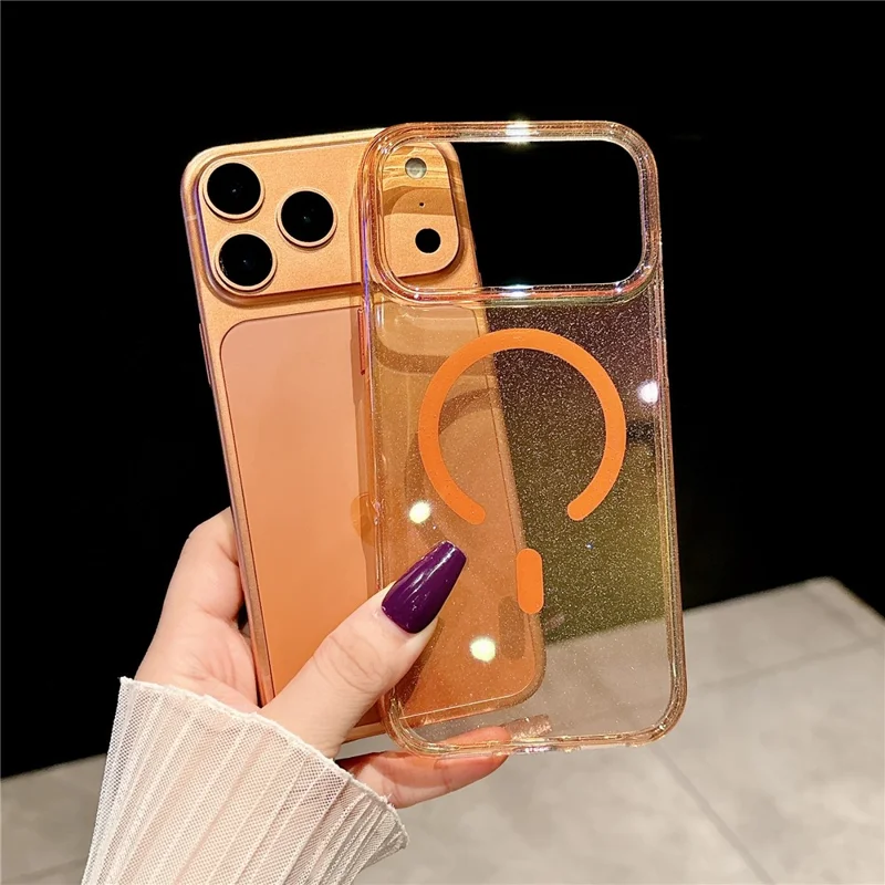 For iPhone 17 Pro Magnetic Case Dazzling PC Shockproof Phone Cover with Tempered Glass Compatible with MagSafe - Transparent Orange