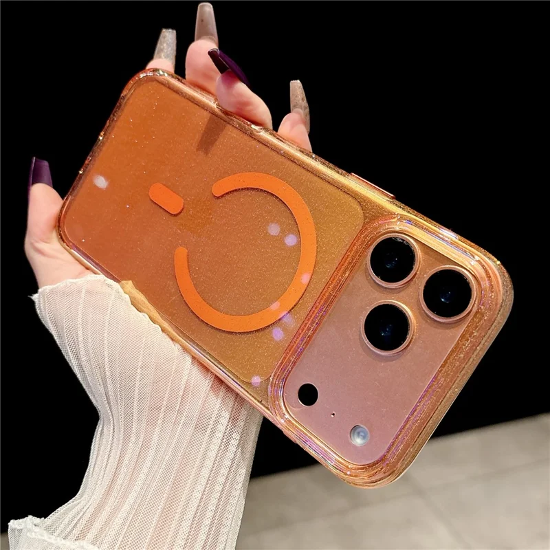 For iPhone 17 Pro Magnetic Case Dazzling PC Shockproof Phone Cover with Tempered Glass Compatible with MagSafe - Transparent Orange