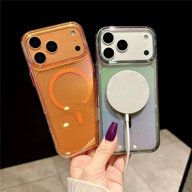For iPhone 17 Pro Magnetic Case Dazzling PC Shockproof Phone Cover with Tempered Glass Compatible with MagSafe - Transparent Orange