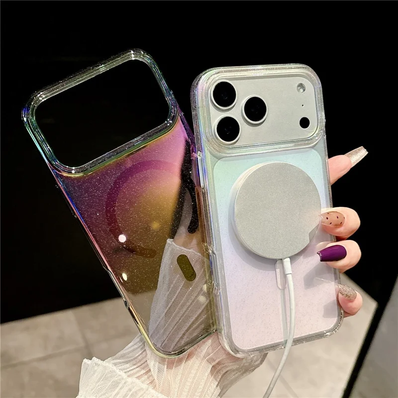 For iPhone 17 Pro Magnetic Case Dazzling PC Shockproof Phone Cover with Tempered Glass Compatible with MagSafe - Transparent Orange