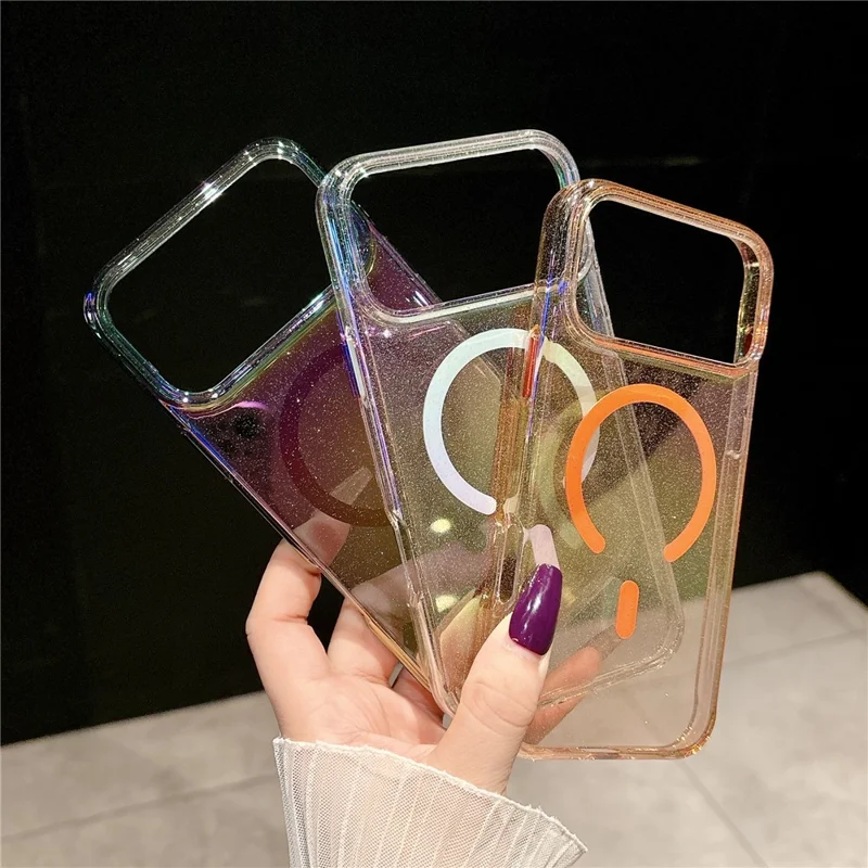 For iPhone 17 Pro Magnetic Case Dazzling PC Shockproof Phone Cover with Tempered Glass Compatible with MagSafe - Transparent Orange