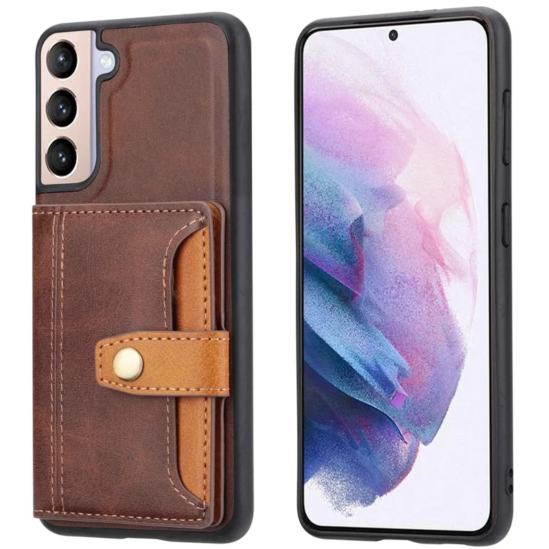 For Samsung Galaxy S23 Protective Phone Case Card Slots Kickstand Design PU Leather Coated TPU Back Cover - Brown