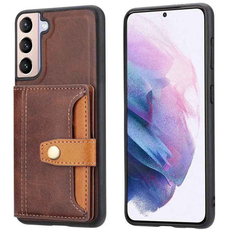 Pour Samsung Galaxy S23+ Calf Texture Color Splicing Drop-proof Phone Case Card Slots Kickstand PU Leather Coated TPU Smartphone Cover - Marron