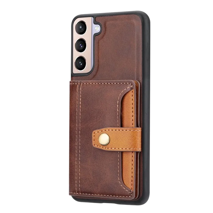 Pour Samsung Galaxy S23+ Calf Texture Color Splicing Drop-proof Phone Case Card Slots Kickstand PU Leather Coated TPU Smartphone Cover - Marron