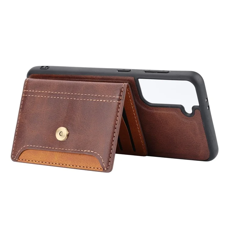 Pour Samsung Galaxy S23+ Calf Texture Color Splicing Drop-proof Phone Case Card Slots Kickstand PU Leather Coated TPU Smartphone Cover - Marron