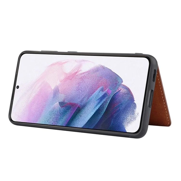 Pour Samsung Galaxy S23+ Calf Texture Color Splicing Drop-proof Phone Case Card Slots Kickstand PU Leather Coated TPU Smartphone Cover - Marron