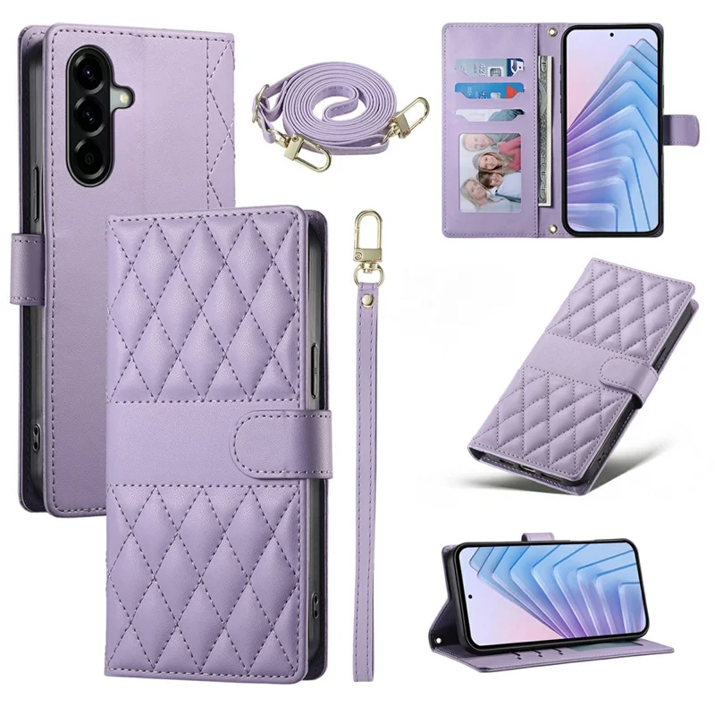 Capa Carteira para Samsung Galaxy A37 com Costura em Losango, Capa de Couro com Suporte e Alça Longa/Curta - Roxo