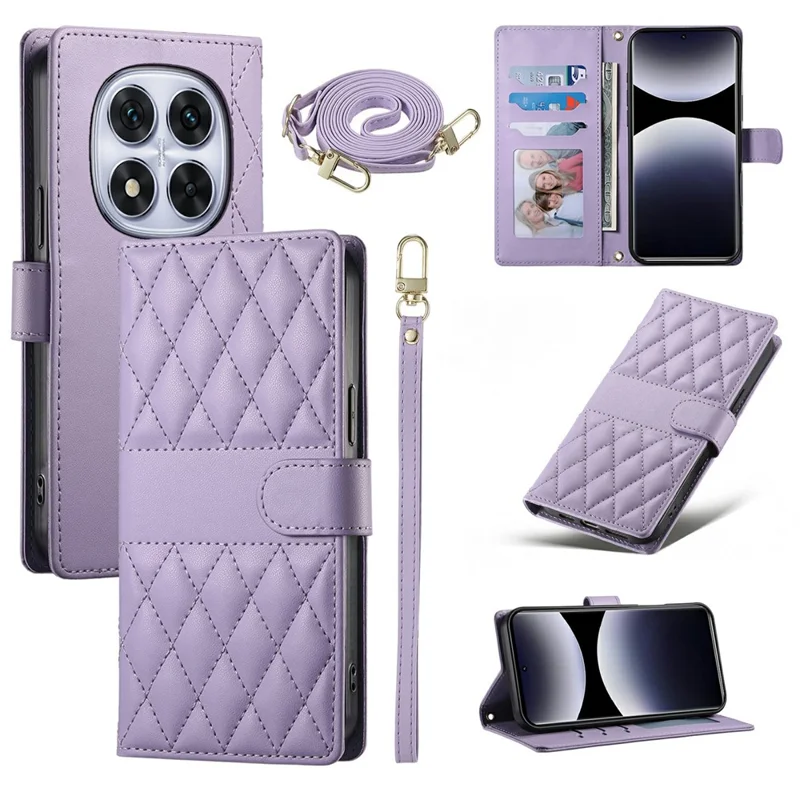 Funda cartera para Xiaomi Redmi Note 15 Pro 4G (Global), funda con diseño de costuras en rombo, soporte, cuero de PU con correa larga/corta - Morado