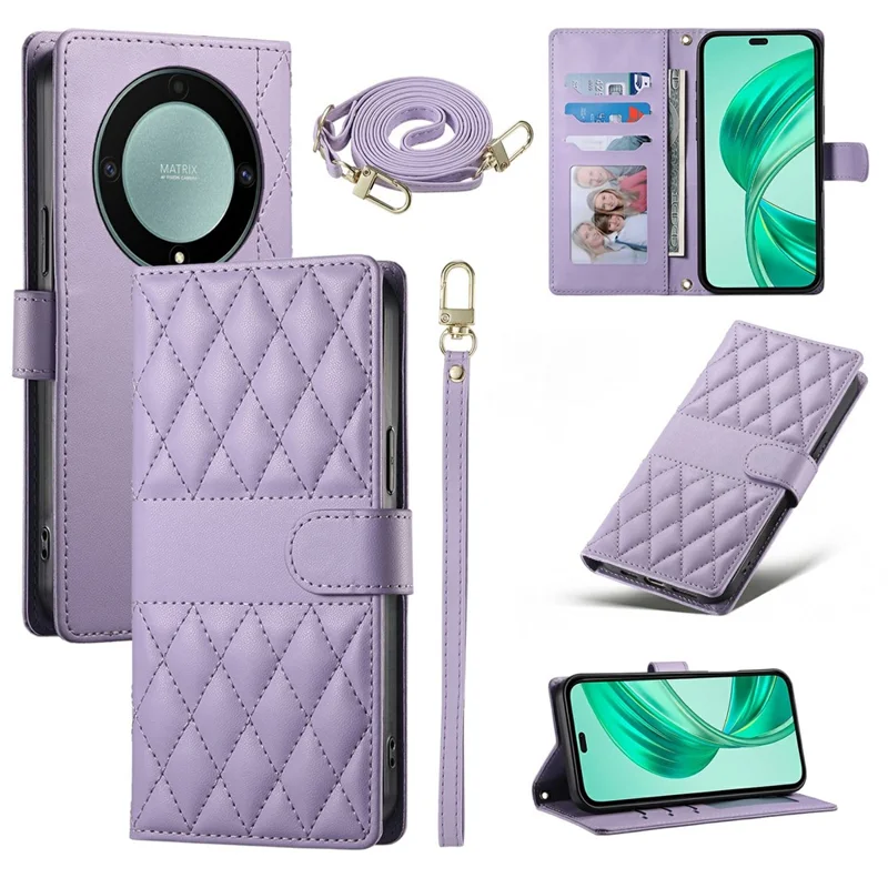 Capa Carteira para Honor Magic8 Lite 5G / X70 5G / X9d 5G, Costura em Losango, Capa em Couro com Suporte, com Alça de Mão e Alça Longa - Roxo
