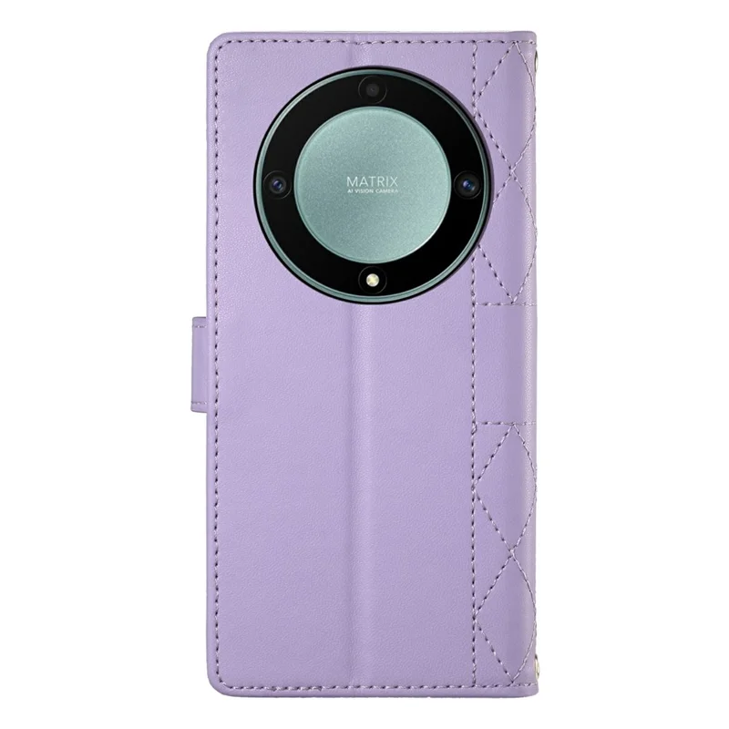 Capa Carteira para Honor Magic8 Lite 5G / X70 5G / X9d 5G, Costura em Losango, Capa em Couro com Suporte, com Alça de Mão e Alça Longa - Roxo