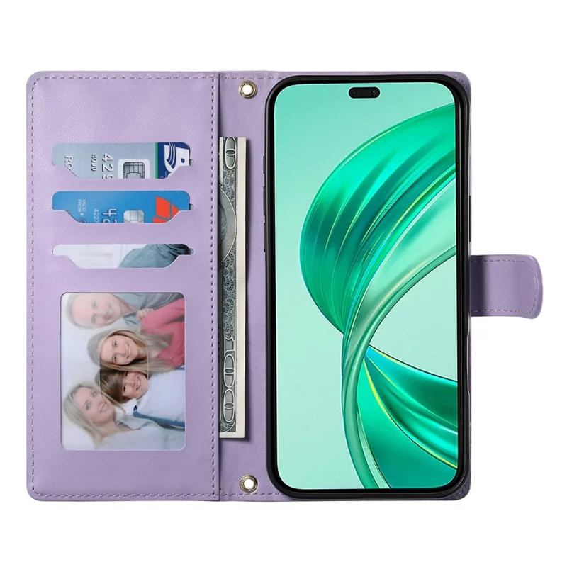 Capa Carteira para Honor Magic8 Lite 5G / X70 5G / X9d 5G, Costura em Losango, Capa em Couro com Suporte, com Alça de Mão e Alça Longa - Roxo
