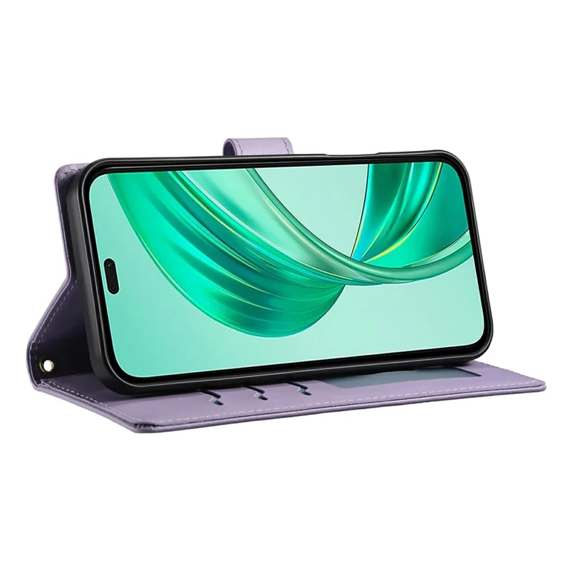 Capa Carteira para Honor Magic8 Lite 5G / X70 5G / X9d 5G, Costura em Losango, Capa em Couro com Suporte, com Alça de Mão e Alça Longa - Roxo