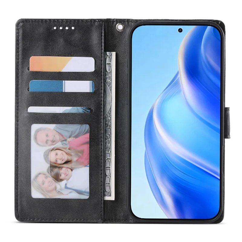For Samsung Galaxy A57 5G Case Stand Wallet Calf Texture PU Leather Flip Phone Cover with Wrist Strap - Black