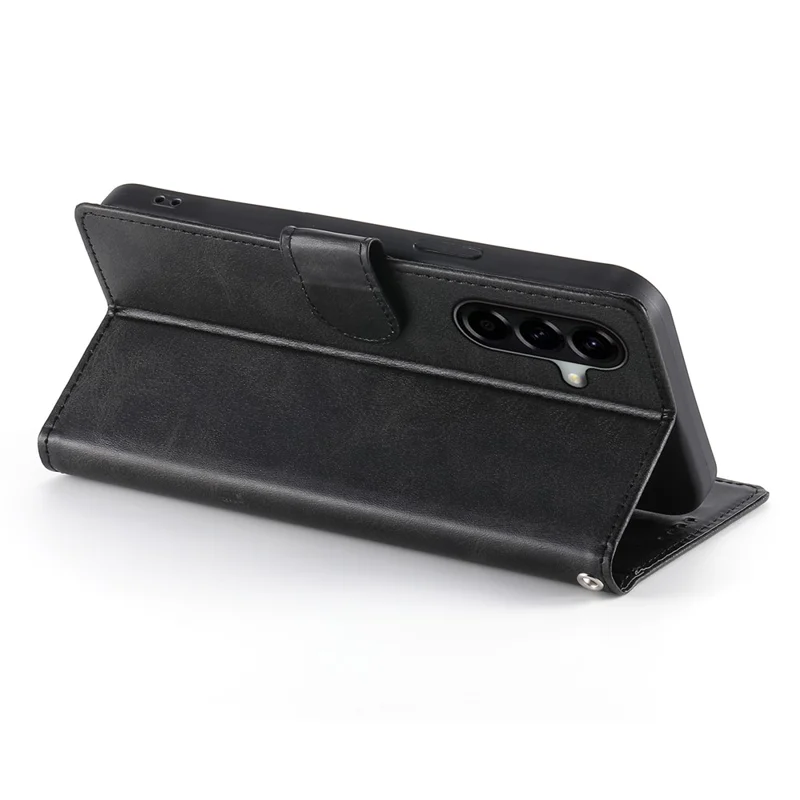 For Samsung Galaxy A57 5G Case Stand Wallet Calf Texture PU Leather Flip Phone Cover with Wrist Strap - Black