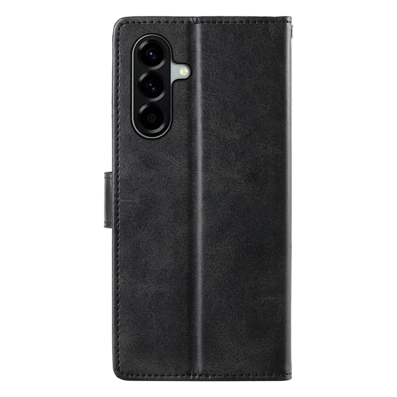 For Samsung Galaxy A57 5G Case Stand Wallet Calf Texture PU Leather Flip Phone Cover with Wrist Strap - Black