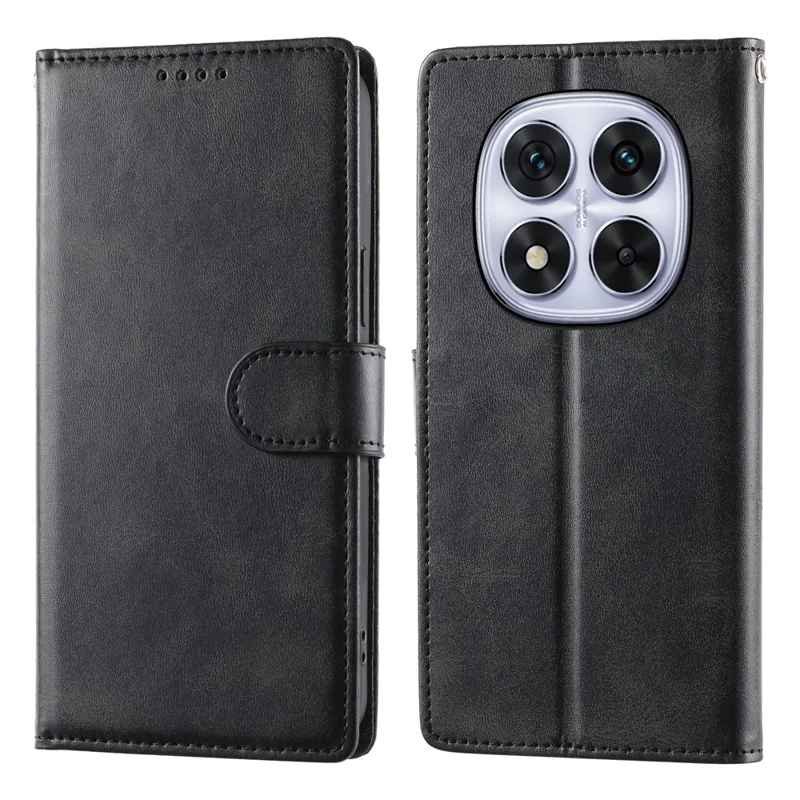Cover con supporto portafoglio per Xiaomi Redmi Note 15 Pro 4G (Global), custodia pieghevole in ecopelle con texture effetto vitello e cinturino da polso - Nero