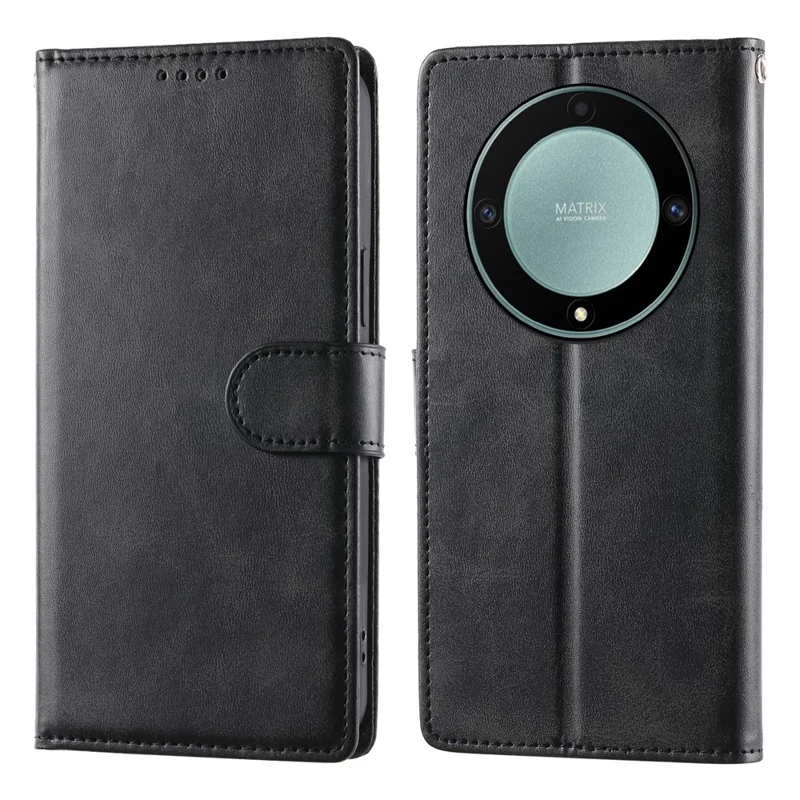 Flip Phone Case For Honor Magic8 Lite 5G  /  X70 5G  /  X9d 5G Stand Wallet Calf Texture PU Leather Cover with Wrist Strap - Black