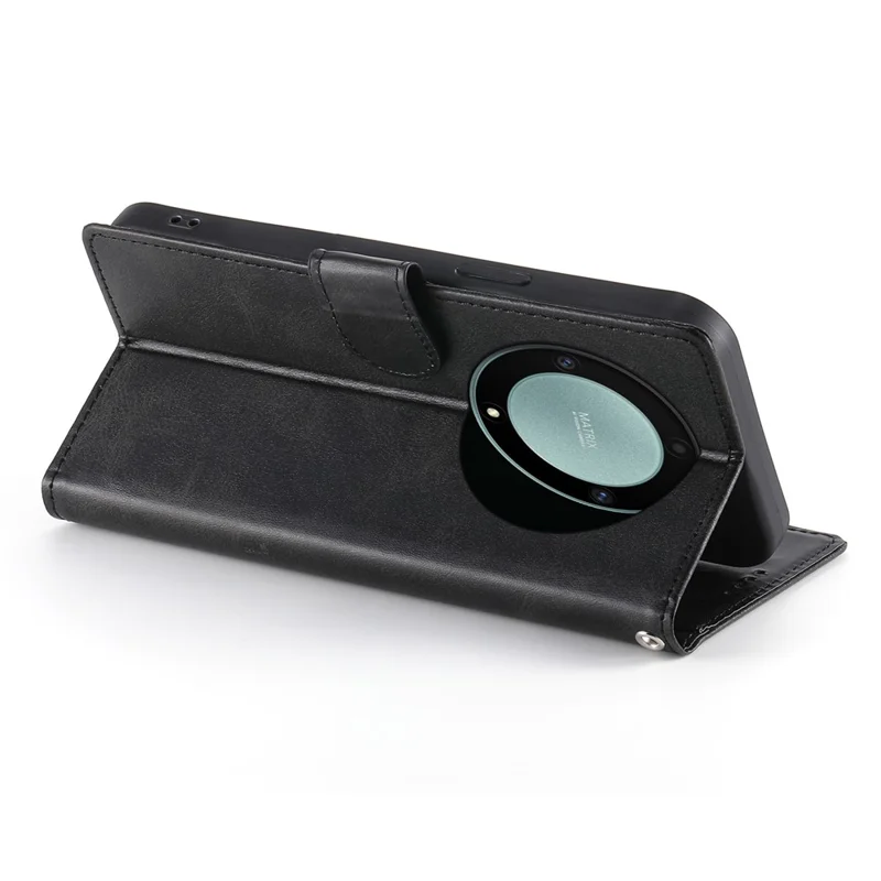 Flip Phone Case For Honor Magic8 Lite 5G  /  X70 5G  /  X9d 5G Stand Wallet Calf Texture PU Leather Cover with Wrist Strap - Black