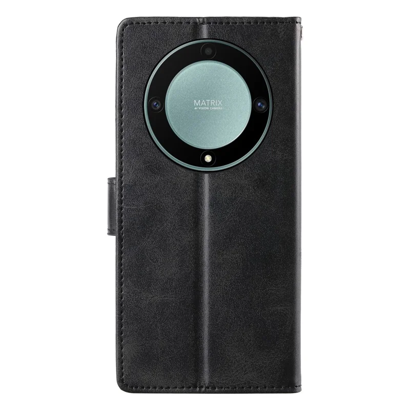 Flip Phone Case For Honor Magic8 Lite 5G  /  X70 5G  /  X9d 5G Stand Wallet Calf Texture PU Leather Cover with Wrist Strap - Black