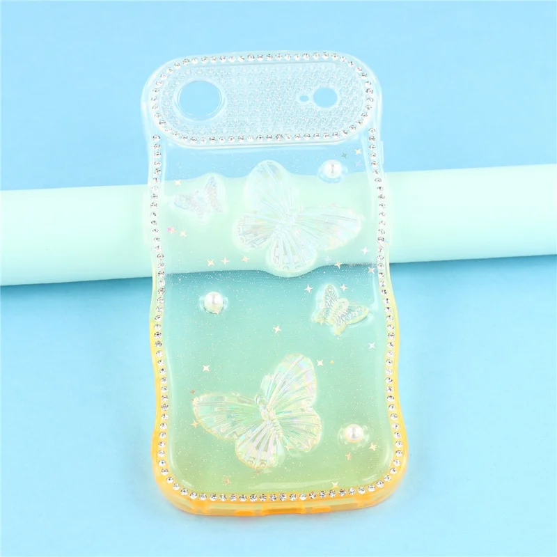 For iPhone Air Case Epoxy Butterfly Design Rhinestone Decor Gradient Shockproof TPU Phone Cover - White  /  Orange
