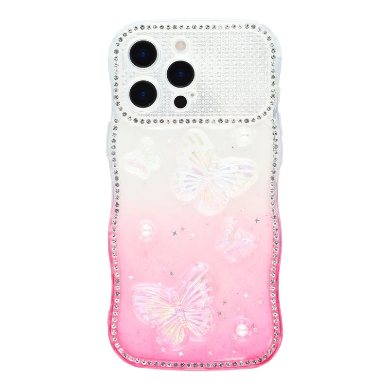Für iPhone 16 Pro Max Hülle Epoxidharz Schmetterling Design Strass Dekor Verlauf Stoßfest TPU Handyhülle - Weiß / Rosa