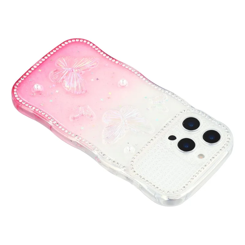 Für iPhone 16 Pro Max Hülle Epoxidharz Schmetterling Design Strass Dekor Verlauf Stoßfest TPU Handyhülle - Weiß / Rosa