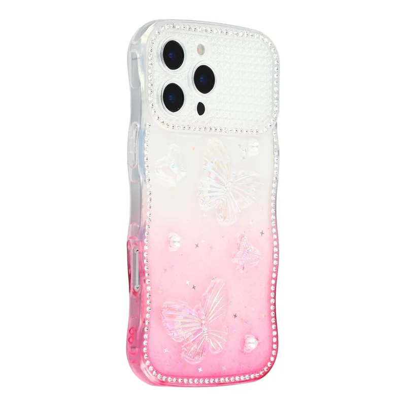 Für iPhone 16 Pro Case Epoxy-Schmetterlingsdesign mit Strassdekor, Gradienten- und stoßfestem TPU-Handyhülle - Weiß / Rosa