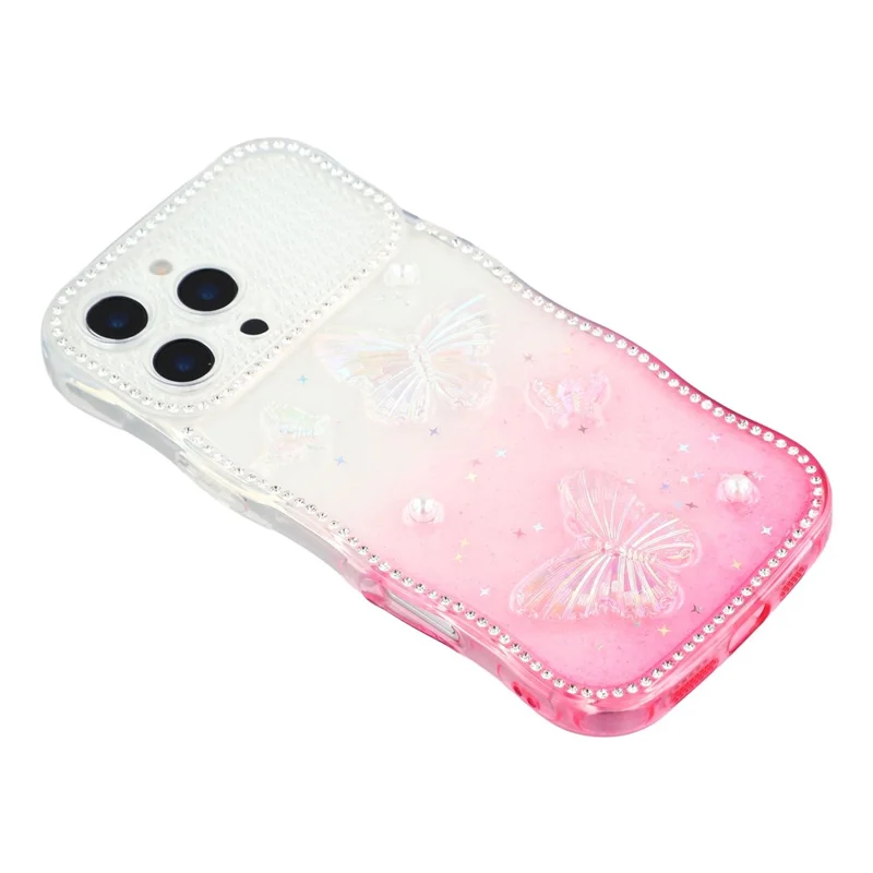 Für iPhone 16 Pro Case Epoxy-Schmetterlingsdesign mit Strassdekor, Gradienten- und stoßfestem TPU-Handyhülle - Weiß / Rosa