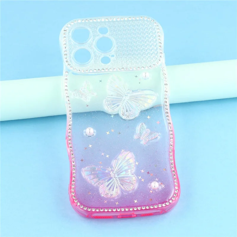 Für iPhone 16 Pro Case Epoxy-Schmetterlingsdesign mit Strassdekor, Gradienten- und stoßfestem TPU-Handyhülle - Weiß / Rosa