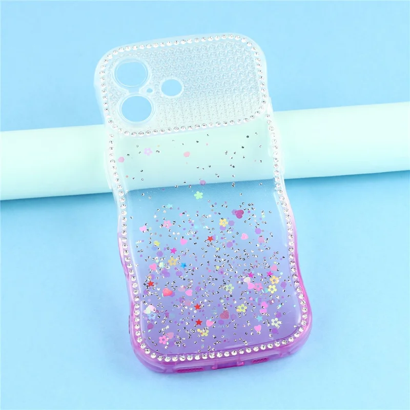 For iPhone 17 Case Glitter Epoxy Design TPU Phone Cover with Sparkly Rhinestone Decor Wave Frame - Gradient Purple
