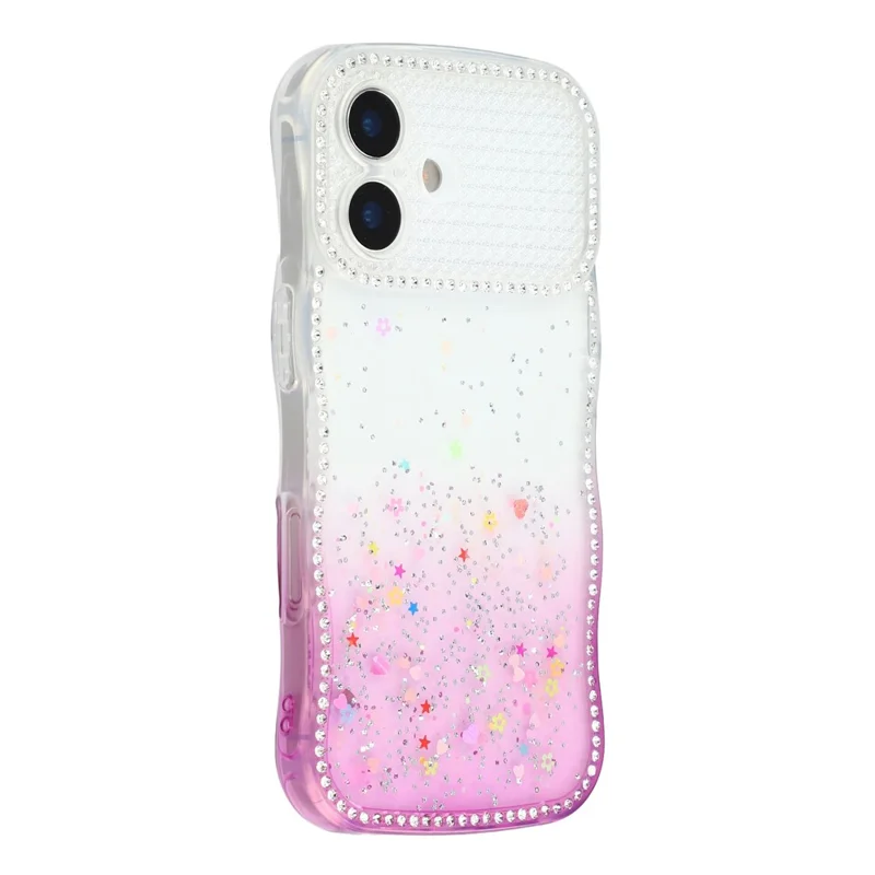 For iPhone 16 Case Glitter Epoxy Design TPU Phone Cover with Sparkly Rhinestone Decor Wave Frame - Gradient Purple