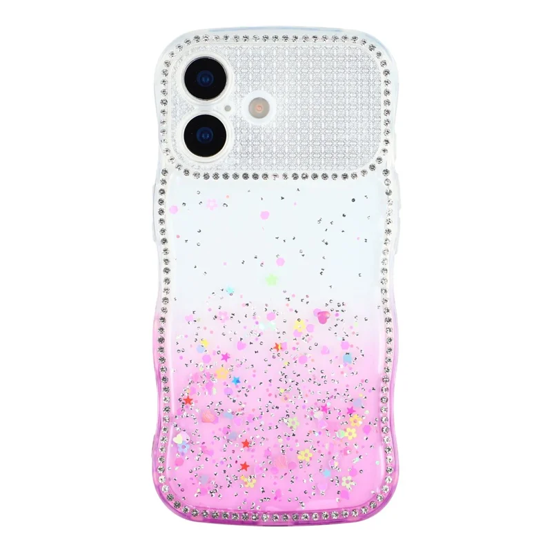 For iPhone 16 Case Glitter Epoxy Design TPU Phone Cover with Sparkly Rhinestone Decor Wave Frame - Gradient Purple
