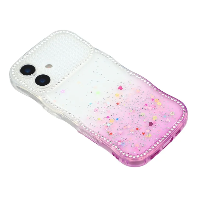 For iPhone 16 Case Glitter Epoxy Design TPU Phone Cover with Sparkly Rhinestone Decor Wave Frame - Gradient Purple