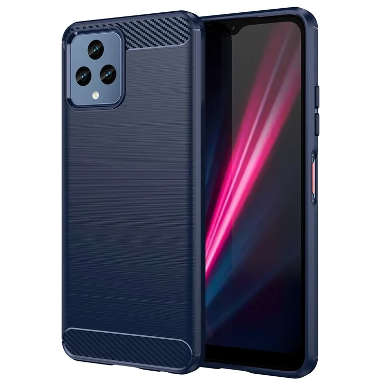 For T-Mobile REVVL 6 5G Shockproof Case Anti-Drop Flexible TPU Cover Brushed Carbon Fiber Texture Cell Phone Case - Blue