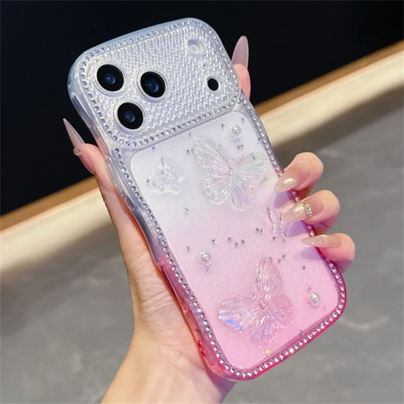 For iPhone 17 Pro Max Case Epoxy Butterfly Design Rhinestone Decor Gradient Shockproof TPU Phone Cover - White  /  Pink