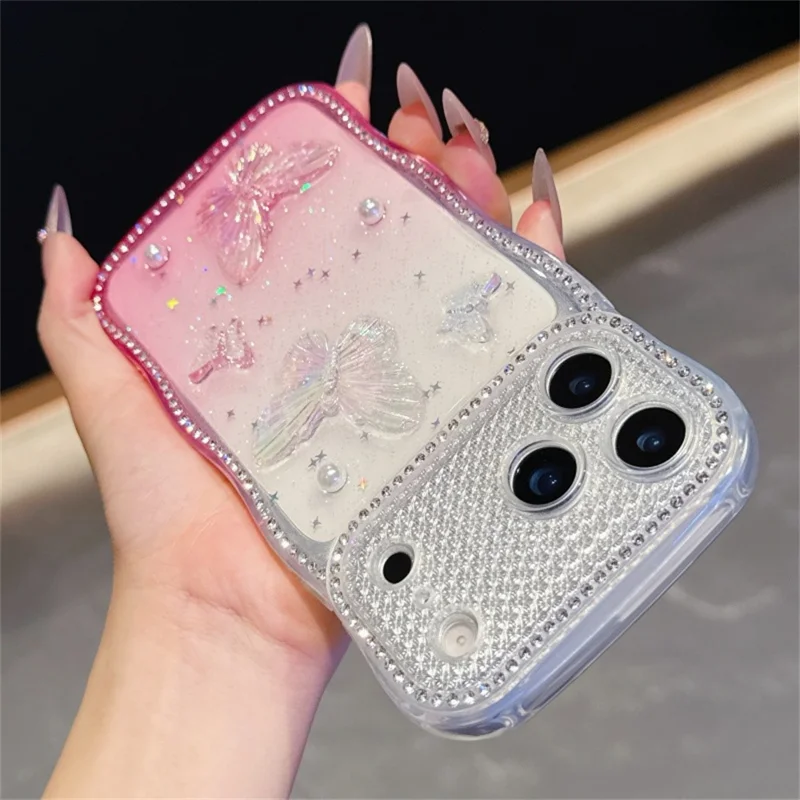 For iPhone 17 Pro Max Case Epoxy Butterfly Design Rhinestone Decor Gradient Shockproof TPU Phone Cover - White  /  Pink